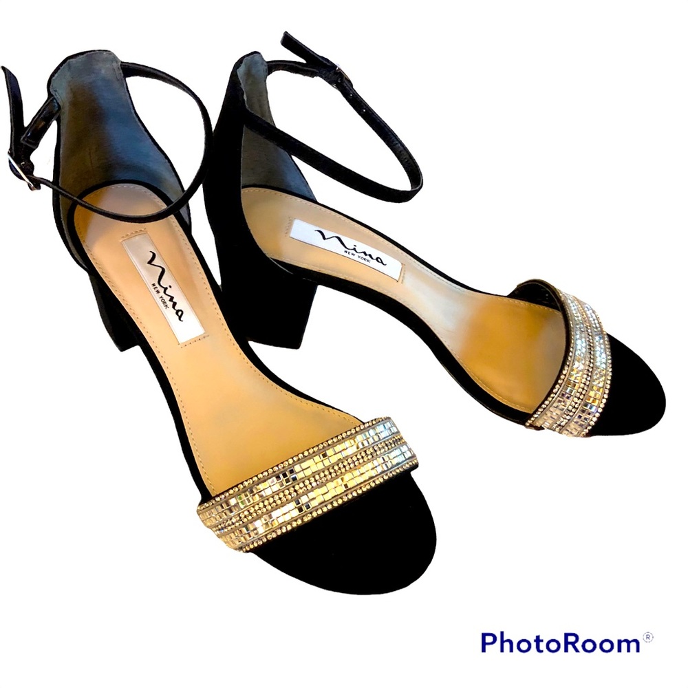 Nina Eloise Suede Crystal Ankle Strap Sandal . Black. Size 7.5